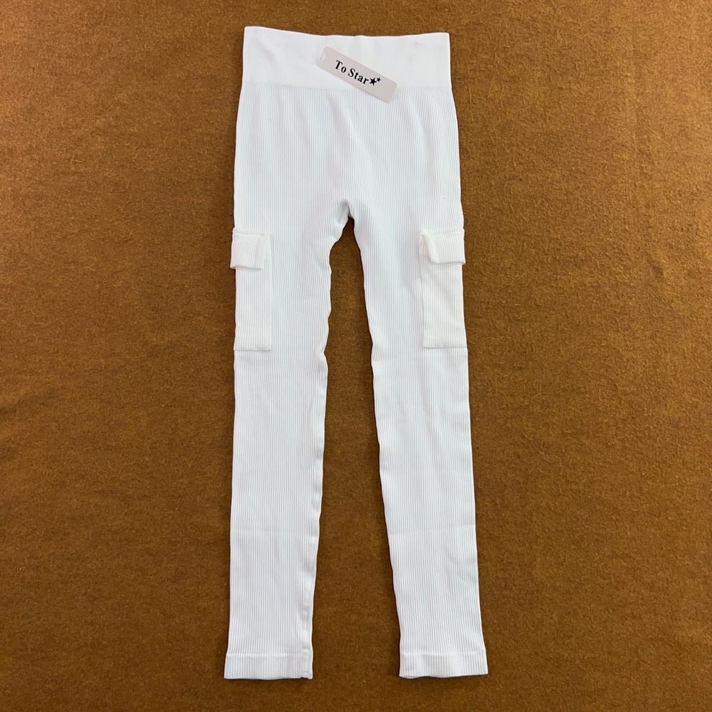 To Star Womens L/XL White Ribbed Knit Cargo Pocket High Waist Leggings NWT